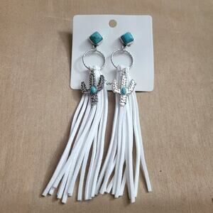 Southwest cactus charm white & silver tassel earrings w/ faux turquoise accents